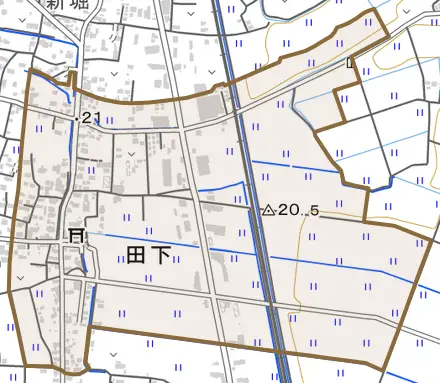 田下とその周辺の地図。町の範囲を重ねている