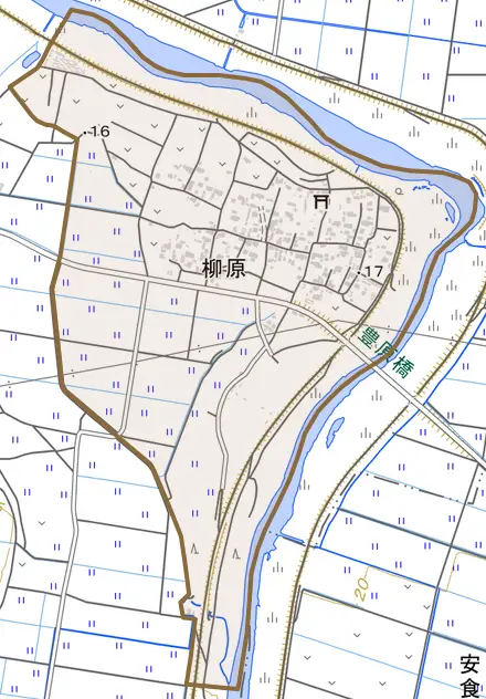 柳原とその周辺の地図。町の範囲を重ねている