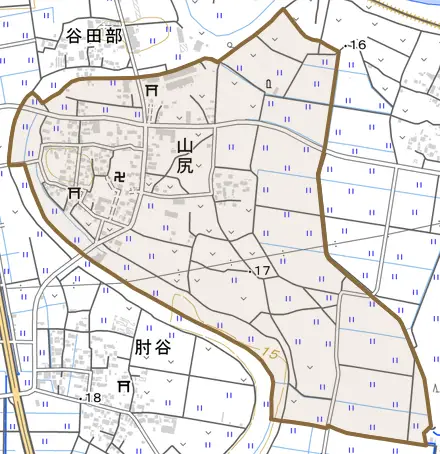 山尻とその周辺の地図。町の範囲を重ねている