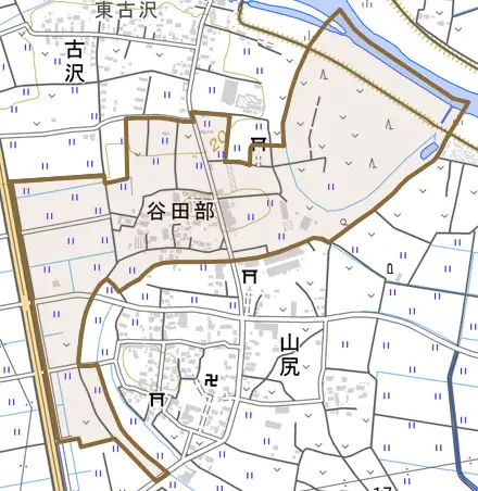 谷田部とその周辺の地図。町の範囲を重ねている