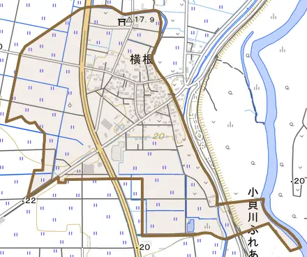 横根とその周辺の地図。町の範囲を重ねている
