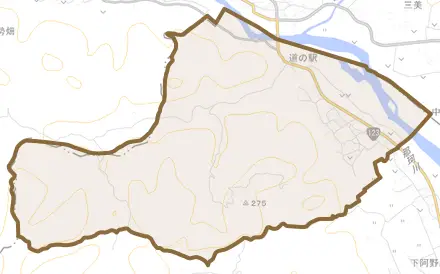 大字御前山とその周辺の地図。町の範囲を重ねている