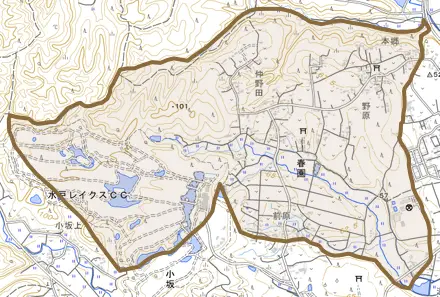大字春園とその周辺の地図。町の範囲を重ねている