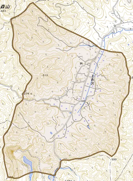 大字上赤沢とその周辺の地図。町の範囲を重ねている