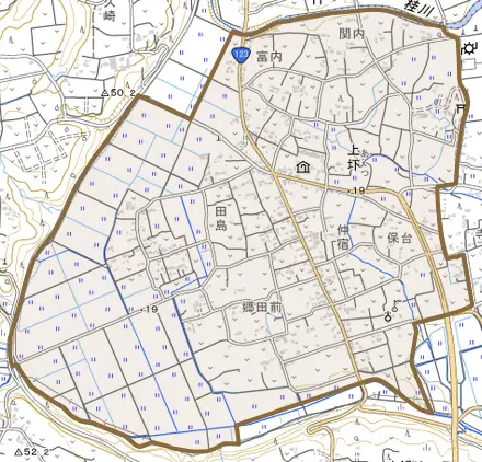 大字上圷とその周辺の地図。町の範囲を重ねている