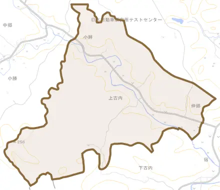 大字上古内とその周辺の地図。町の範囲を重ねている