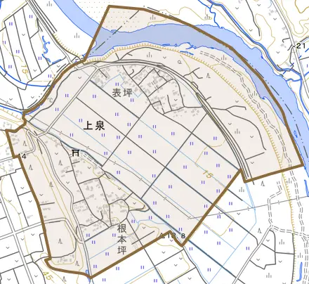 大字上泉とその周辺の地図。町の範囲を重ねている