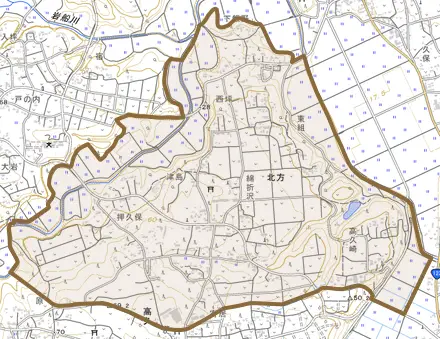 大字北方とその周辺の地図。町の範囲を重ねている