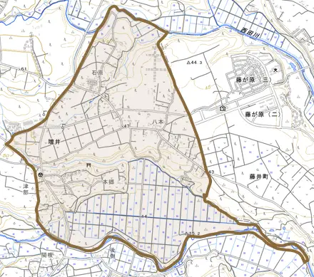 大字増井とその周辺の地図。町の範囲を重ねている