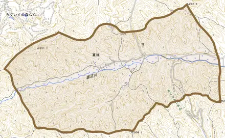 大字真端とその周辺の地図。町の範囲を重ねている
