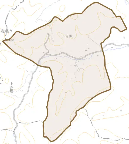 大字下赤沢とその周辺の地図。町の範囲を重ねている
