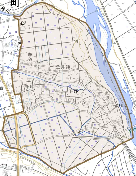 大字下圷とその周辺の地図。町の範囲を重ねている