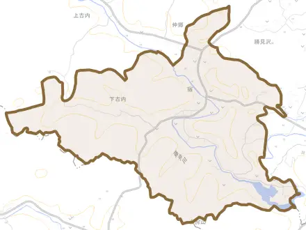 大字下古内とその周辺の地図。町の範囲を重ねている