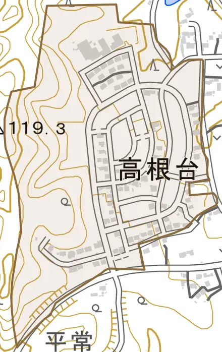 大字高根台とその周辺の地図。町の範囲を重ねている