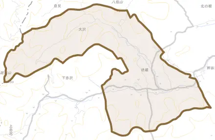 大字徳蔵とその周辺の地図。町の範囲を重ねている