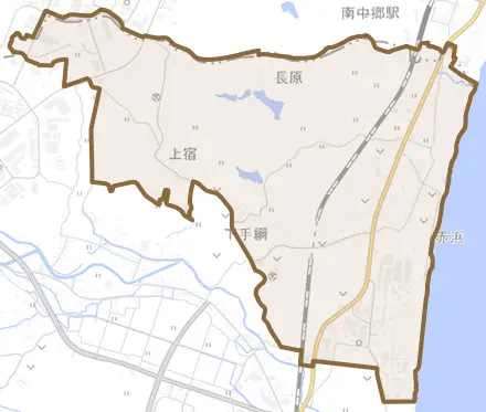 大字赤浜とその周辺の地図。町の範囲を重ねている