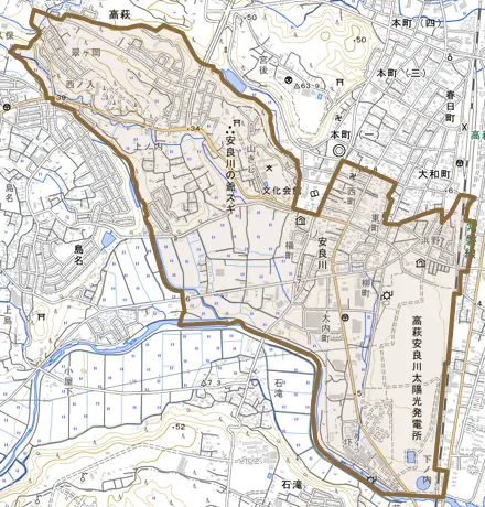 大字安良川とその周辺の地図。町の範囲を重ねている