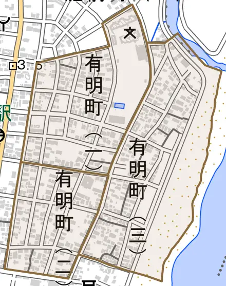 有明町とその周辺の地図。町の範囲を重ねている