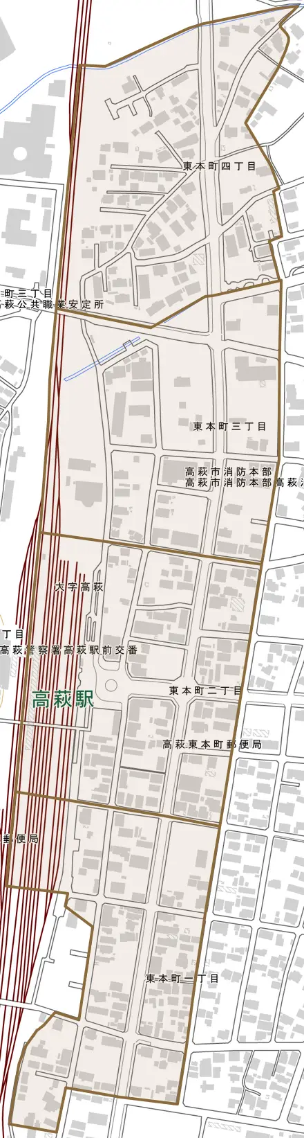東本町とその周辺の地図。町の範囲を重ねている