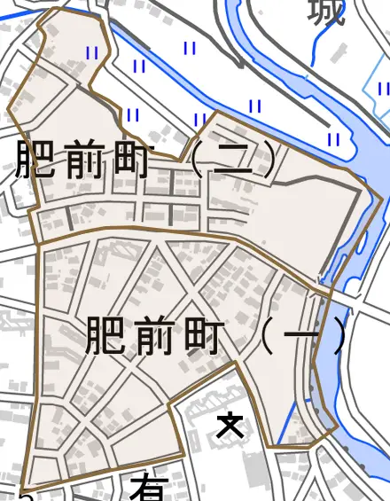 肥前町とその周辺の地図。町の範囲を重ねている