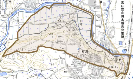 大字石滝とその周辺の地図。町の範囲を重ねている