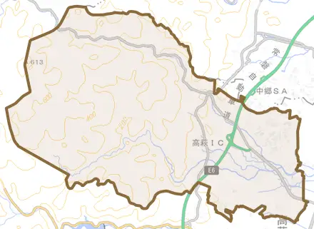 大字上手綱とその周辺の地図。町の範囲を重ねている