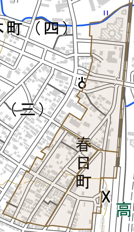 春日町とその周辺の地図。町の範囲を重ねている