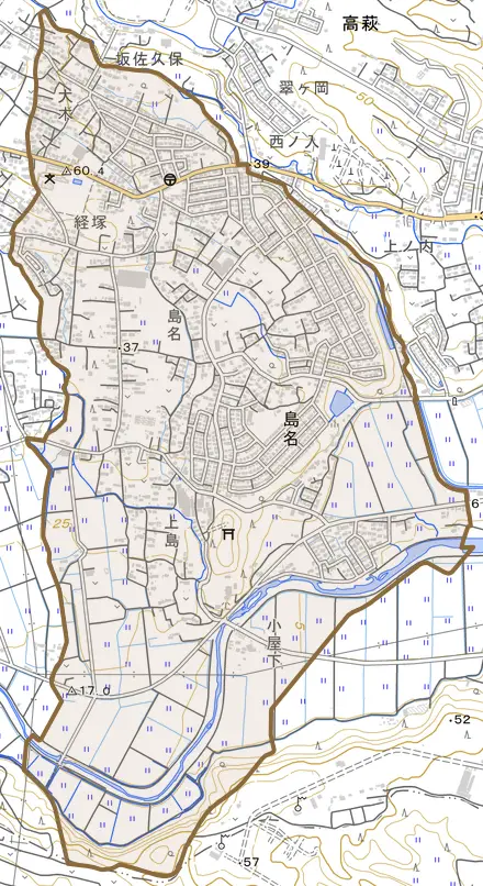 大字島名とその周辺の地図。町の範囲を重ねている