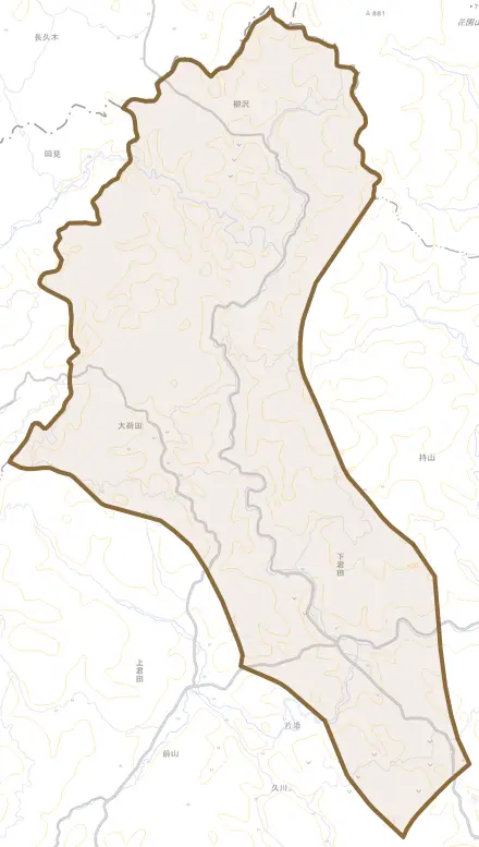 大字下君田とその周辺の地図。町の範囲を重ねている