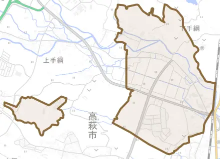大字下手綱とその周辺の地図。町の範囲を重ねている