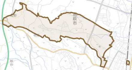 大字高萩とその周辺の地図。町の範囲を重ねている