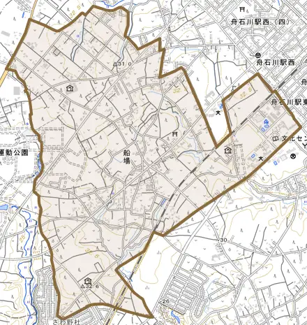 大字船場とその周辺の地図。町の範囲を重ねている