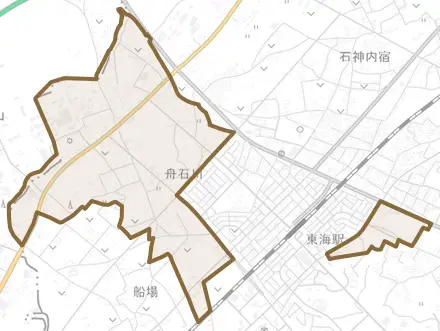 大字舟石川とその周辺の地図。町の範囲を重ねている