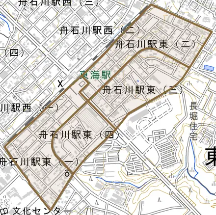 舟石川駅東とその周辺の地図。町の範囲を重ねている
