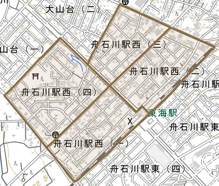 舟石川駅西とその周辺の地図。町の範囲を重ねている