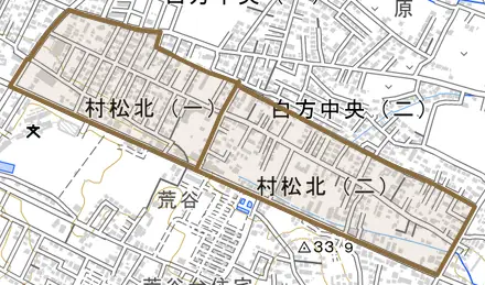 村松北とその周辺の地図。町の範囲を重ねている