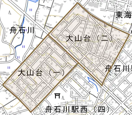 大山台とその周辺の地図。町の範囲を重ねている