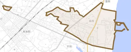 大字白方とその周辺の地図。町の範囲を重ねている