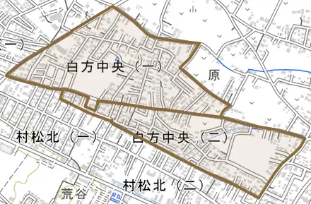 白方中央とその周辺の地図。町の範囲を重ねている