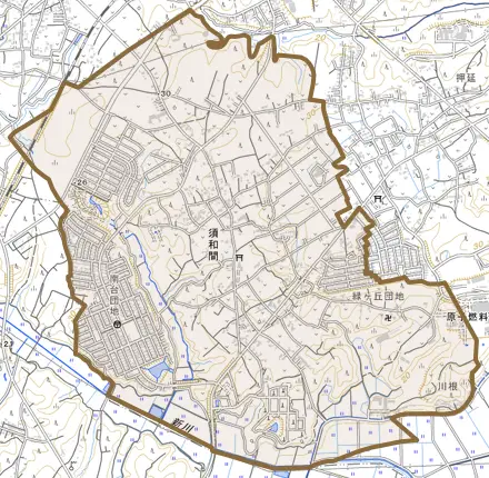 大字須和間とその周辺の地図。町の範囲を重ねている