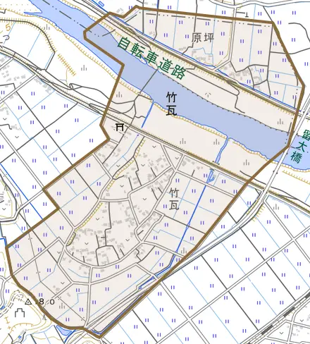 大字竹瓦とその周辺の地図。町の範囲を重ねている