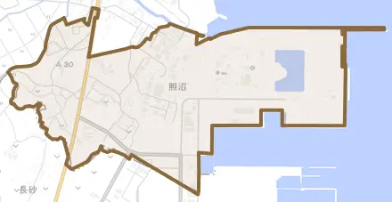 大字照沼とその周辺の地図。町の範囲を重ねている