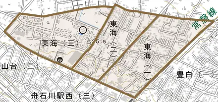 東海とその周辺の地図。町の範囲を重ねている