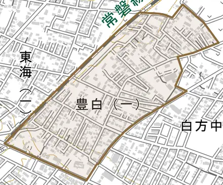 豊白とその周辺の地図。町の範囲を重ねている