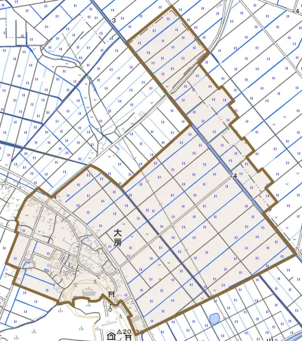 大字大房とその周辺の地図。町の範囲を重ねている