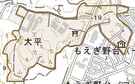 大字大平とその周辺の地図。町の範囲を重ねている