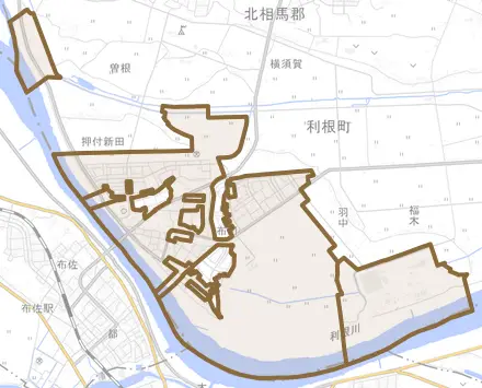 大字布川とその周辺の地図。町の範囲を重ねている
