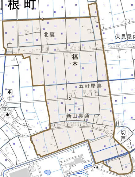 大字福木とその周辺の地図。町の範囲を重ねている