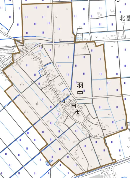 大字羽中とその周辺の地図。町の範囲を重ねている