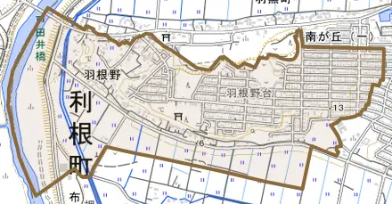 大字羽根野とその周辺の地図。町の範囲を重ねている